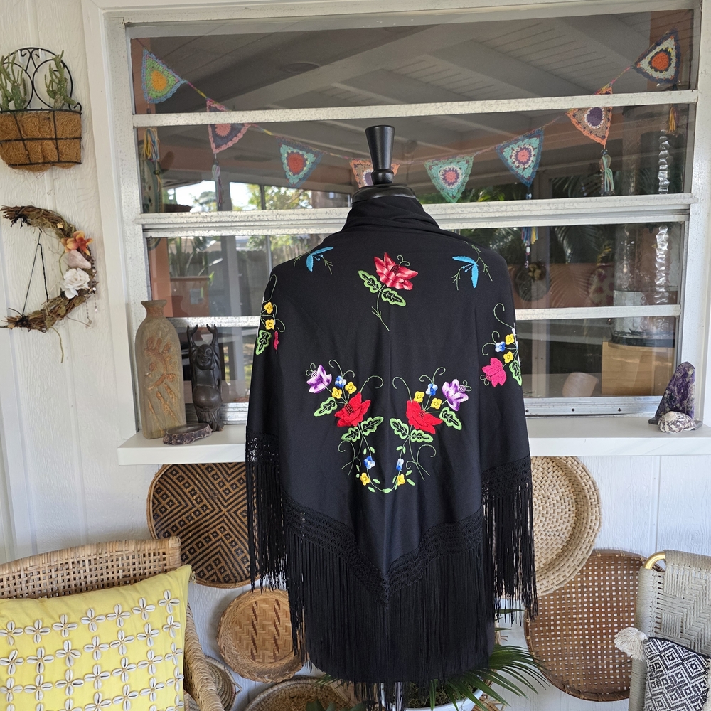 Vintage Boho Chic Fringe Black Floral Embroidered Wrap Triangle Scarf - Picture 8 of 13